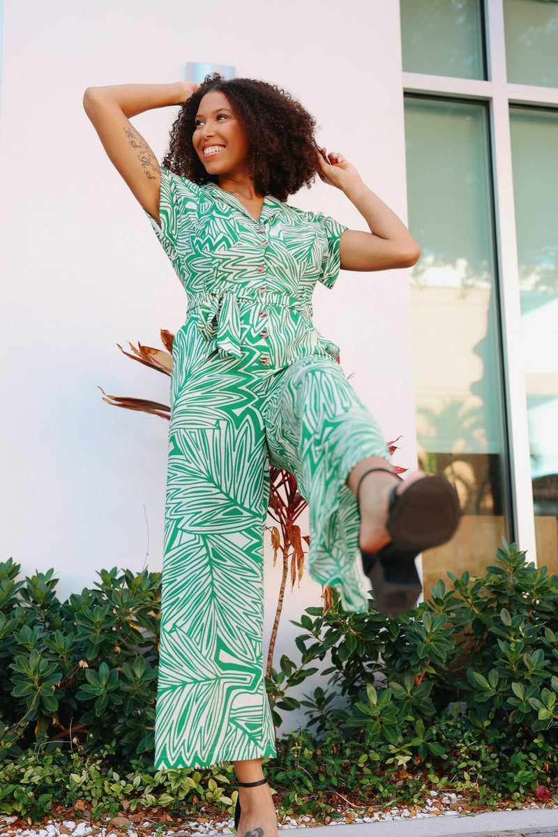 Somerset Green + White Collared Jumpsuit - Pineapple Lain Boutique