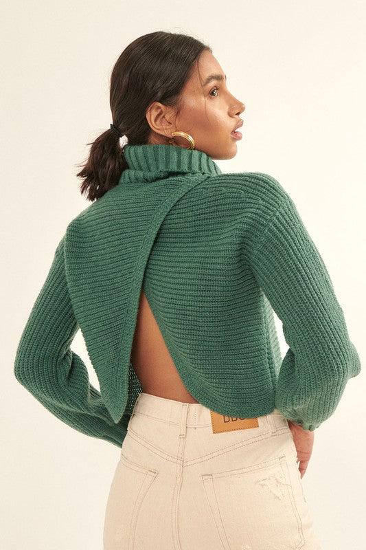 Surpliced Open Back Sweater - Green - Pineapple Lain Boutique